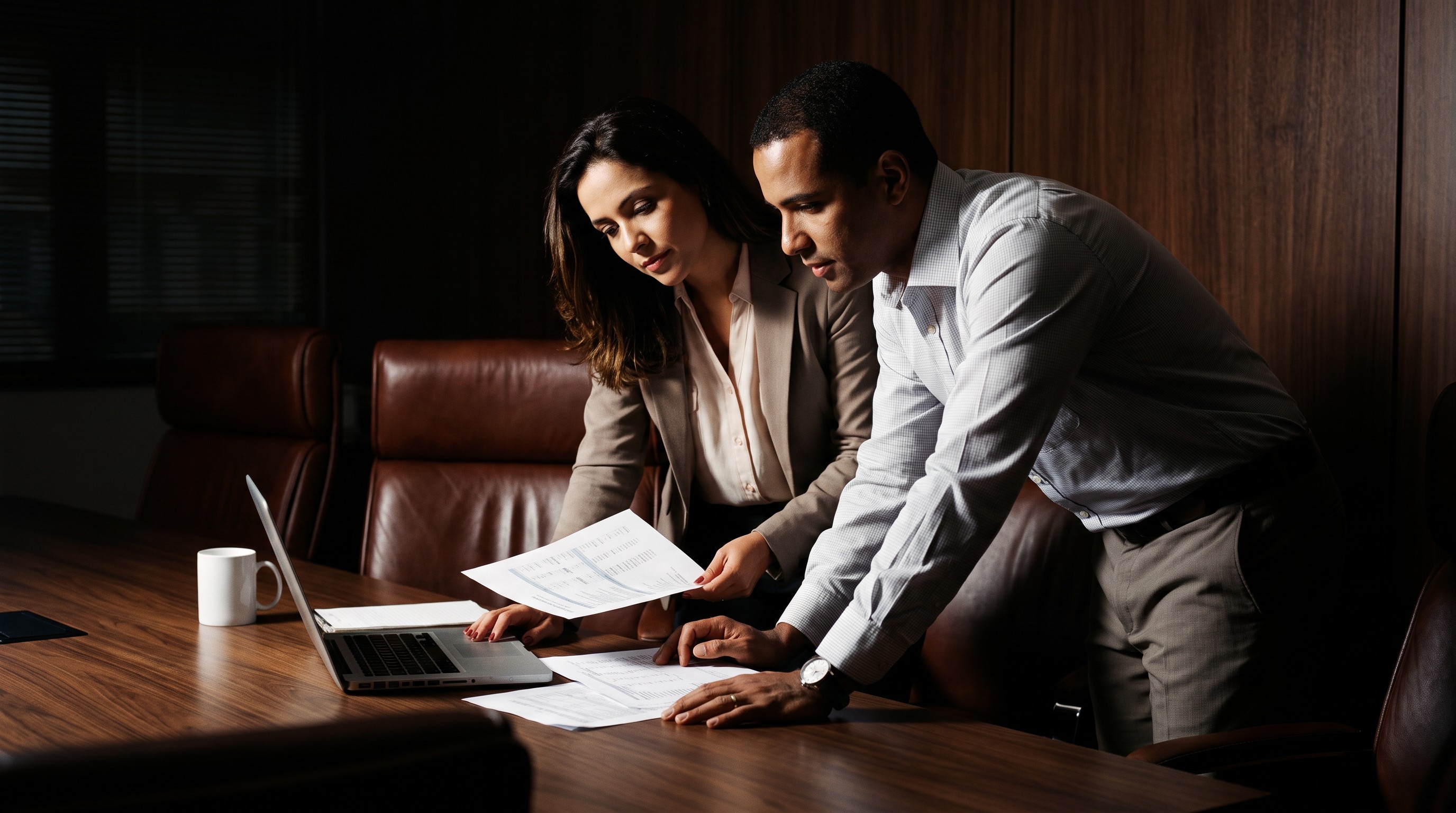 Contadores analisando relatórios financeiros em uma mesa de reunião